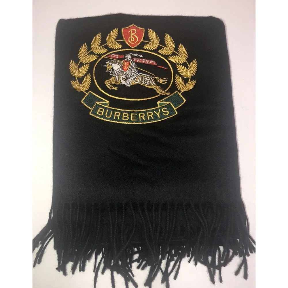 Burberry Scarf‎ Black Stole Embroidered Crest 100% Cashmere Scotland 87x27